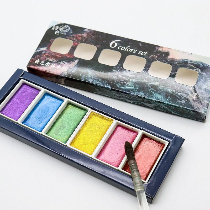 Watercolor Paint Set Solid Pigment - 6-farbiges wasserlösliches Metallperlen-Aquarellpigment, solides Set für