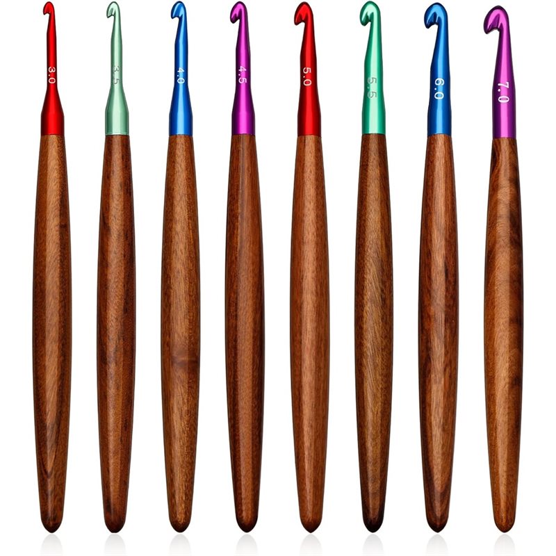 Wooden Crochet Hooks Ergonomic Handle - AB34-Aluminium-Häkelnadeln mit Holzgriff, 8 Stück, 3