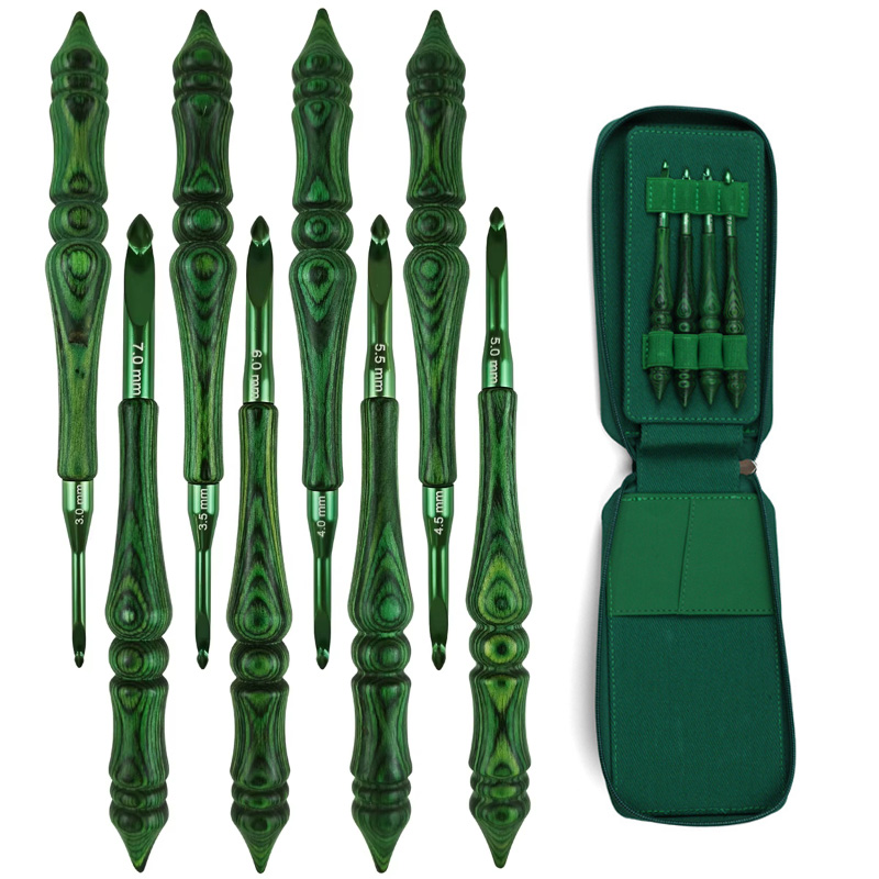 Wooden Crochet Hooks Ergonomic Handle - 8-teiliges Häkelnadel-Set, 3,0–7,0 mm, grün, ergonomischer